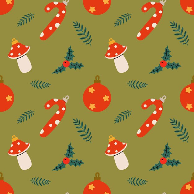 Colorido patrón con temática navideña con bastones de caramelo adornos setas y hojas de holly