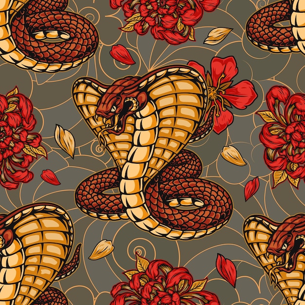 Colorido patrón transparente japonés vintage con agresiva serpiente venenosa sakura y flores de crisantemo