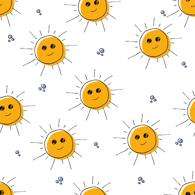 Colorido patrón de verano sin costuras con elementos dibujados a mano como el sol y las burbujas Ilustración de vector de diseño de impresión de moda