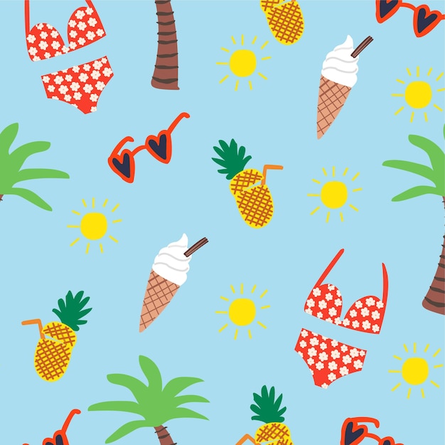 Colorido patrón de verano sin costuras con elementos de playa como gafas de sol helado de palma