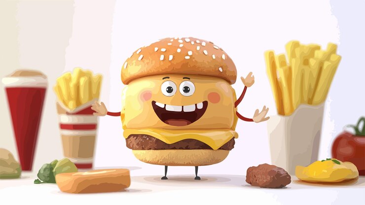 Vector colorido personaje de dibujos animados en 3d con comida en fondo vectorial plano
