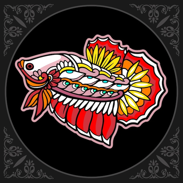 Colorido pez betta artes mandala aislado sobre fondo negro