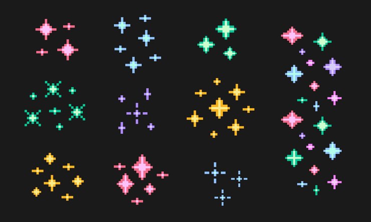 Vector colorido pixelado 8 bits chispas símbolos vector conjunto de l estrellas vector chispa icono decoración de fuegos artificiales multicolor centelleo flash brillante