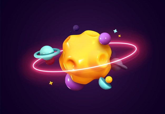 Colorido planeta 3d brillante con anillos de neón brillantes. Sistema solar abstracto con planetas y estrellas en órbita. Meteorito y cometa. Diseño creativo futurista espacial. ilustración vectorial