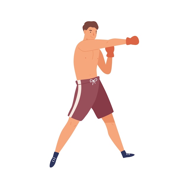 Colorido retrato de boxeador masculino. hombre musculoso en ropa deportiva y guantes de boxeo aislado sobre fondo blanco. ilustración de dibujos animados de vector plano de boxeador atlético concentrado.