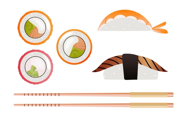 Colorido sushi y rollos de diferentes tipos y palillos aislados sobre fondo blanco Ilustración vectorial Estilo de dibujos animados