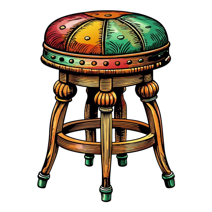 Vector un colorido taburete de madera de época con una ilustración de cojín con patrones