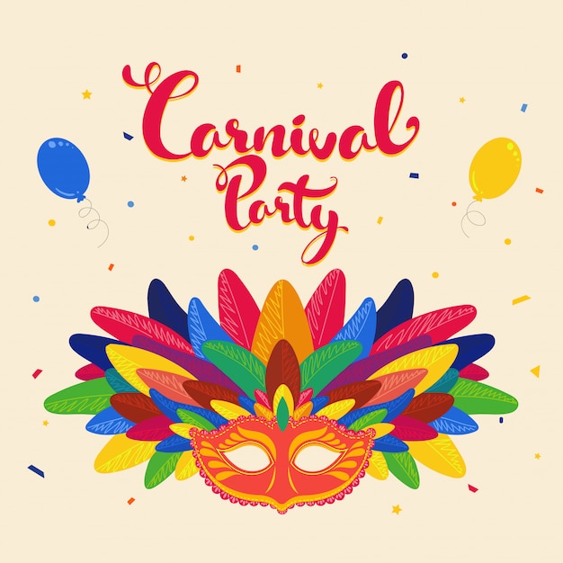 Colorido texto de fiesta de carnaval con máscara con plumas y globos