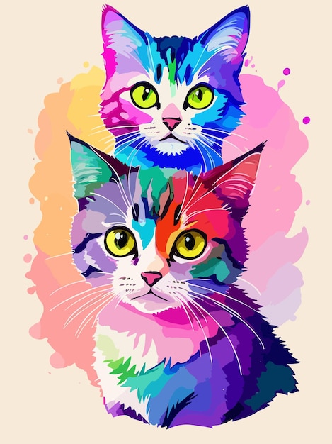 Colorido vector un lindo gato color pastel salpicaduras de agua arte ilustración diseño cartel