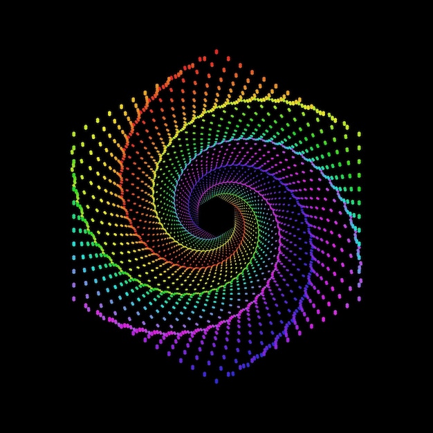 Colorido vórtice espiral hexagonal punteado en un vector de fondo negro.