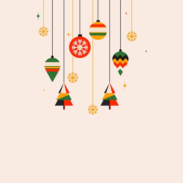Coloridos adornos navideños con árbol de navidad, copos de nieve cuelgan sobre fondo melocotón y copie el espacio.