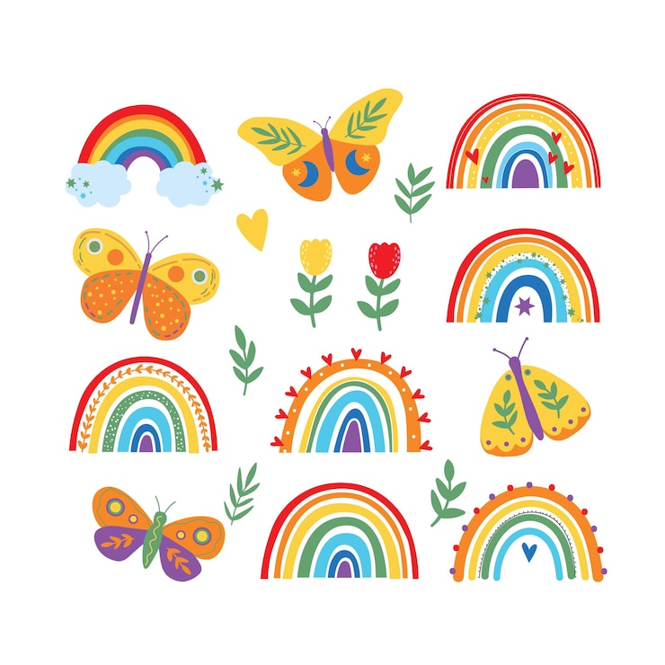 Vector coloridos arcoíris de estilo escandinavo para fiesta infantil de baby shower, arcoíris de colores brillantes
