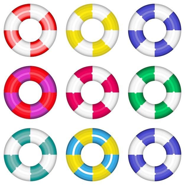 Coloridos aros salvavidas con rayas salvación de la vida. Ilustración aislada de la colección. Fije los salvavidas coloridos coloridos que salvan la vida agua natación.