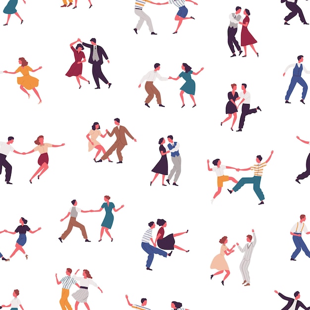 Coloridos bailarines de hombre y mujer interpretando Lindy hop o Swing sin costuras. Parejas bailando juntas sobre fondo blanco. La gente demuestra elementos de danza retro vector ilustración plana.