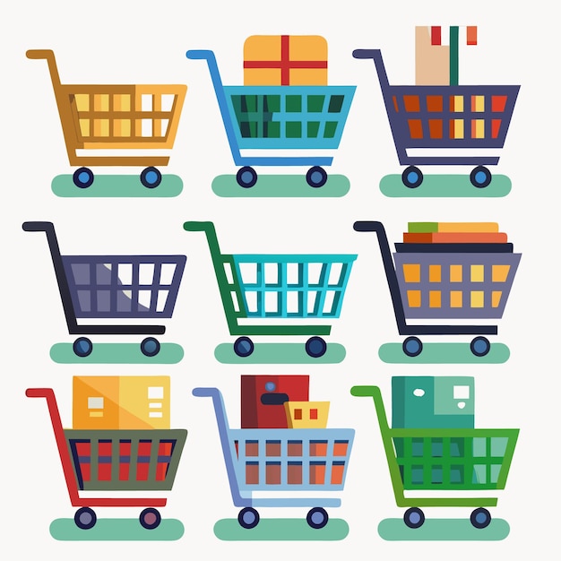 Los coloridos carros de compras llenos de mercancías