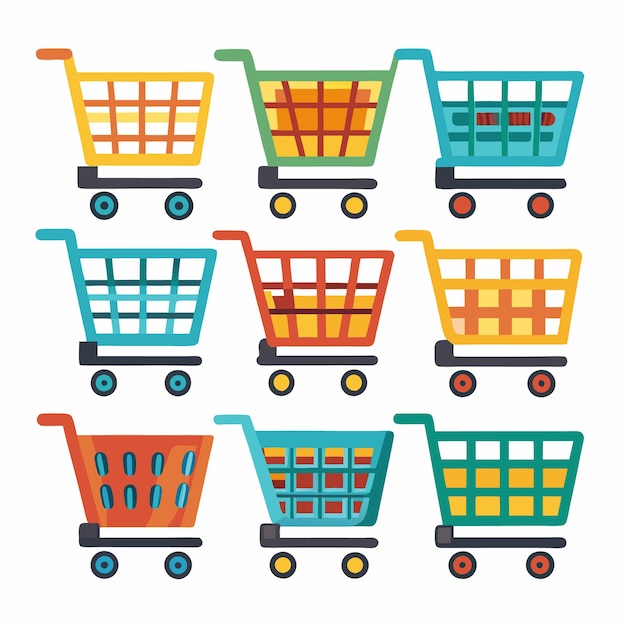 Coloridos carros de compras con manijas y ruedas