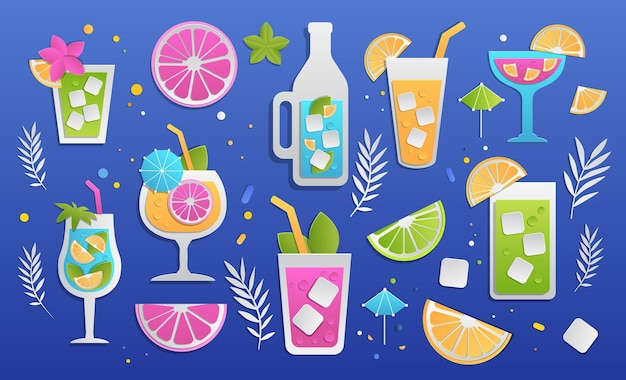 Coloridos cócteles tropicales bebidas de verano estilo cortado en papel frutas vibrantes cubos de hielo hojas de fondo azul