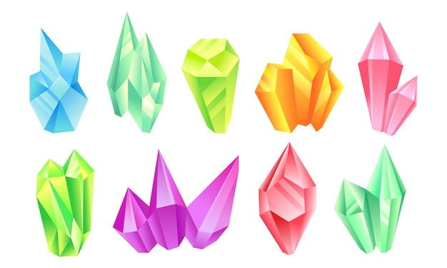 Coloridos cristales brillantes y brillantes Conjunto vectorial de piedras polígonas Minerales y rocas de formas poliétricas Concepto de piedras preciosas geométricas