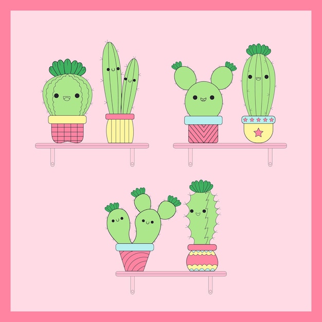 Vector coloridos dibujos animados kawaii cactus y macetas con diferentes emociones