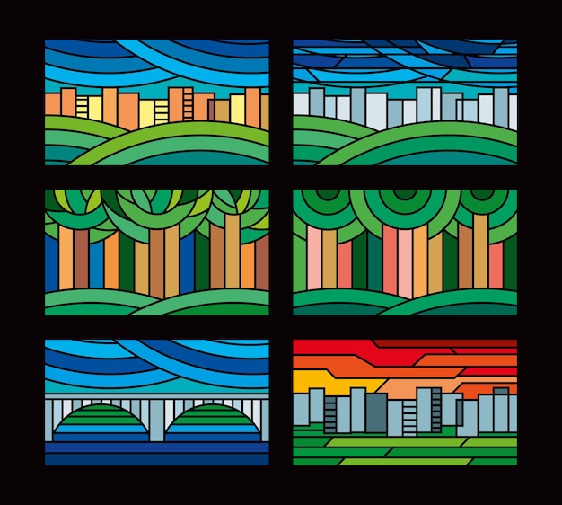 Coloridos dibujos geométricos de vidrieras de los árboles del puente de la ciudad en el parque