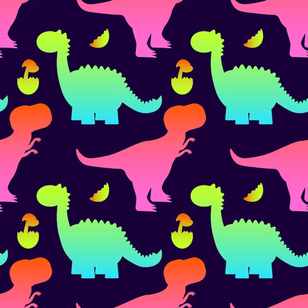 Coloridos dinosaurios lindos sobre fondo oscuro Vector patrón sin costuras Diversión textil dibujos animados niños diseño de impresión Color neón EPS