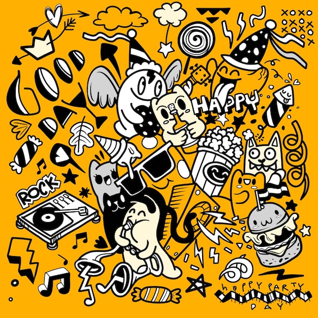 Coloridos y divertidos doodles de fiesta sobre un fondo naranja