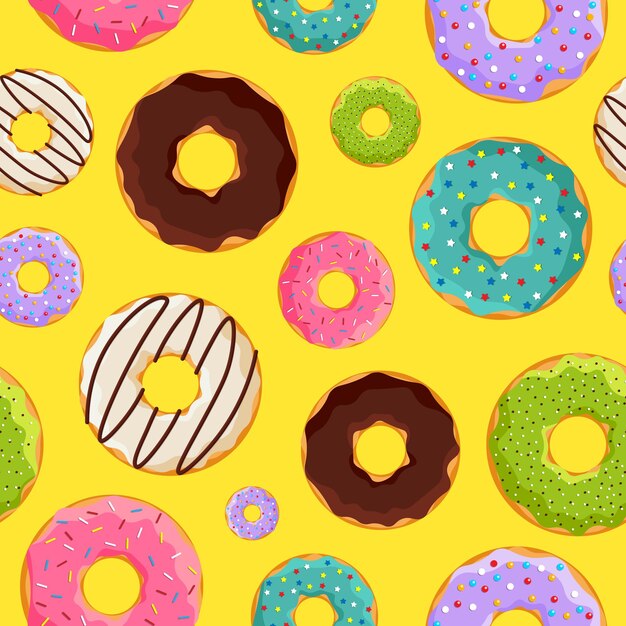 Coloridos donuts dulces glaseados de patrones sin fisuras sobre fondo amarillo. Ilustración de eps plana de panadería de rosquilla de vector