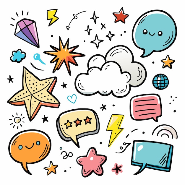 Coloridos elementos de Doodle dibujados a mano con burbujas de habla