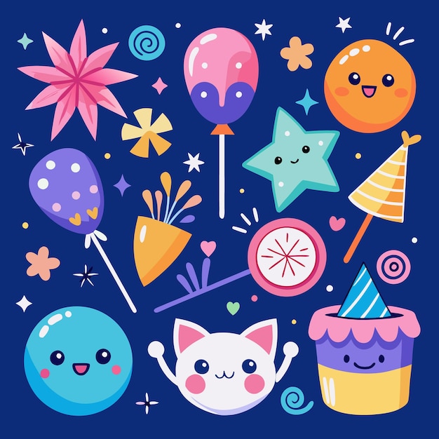 Coloridos elementos de la fiesta de cumpleaños de dibujos animados con caras sonrientes