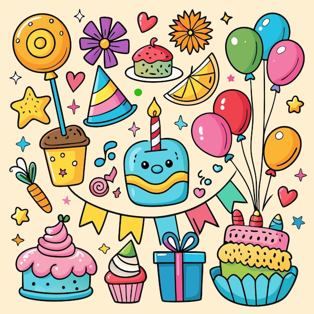 Coloridos elementos de la fiesta de cumpleaños con pasteles, pasteles, globos, regalos y un sombrero de fiesta