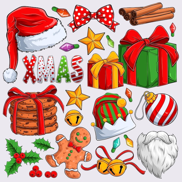 Coloridos elementos navideños ponen barba de Papá Noel, sombrero de elfo, galletas, regalos, hombre de pan de jengibre y más