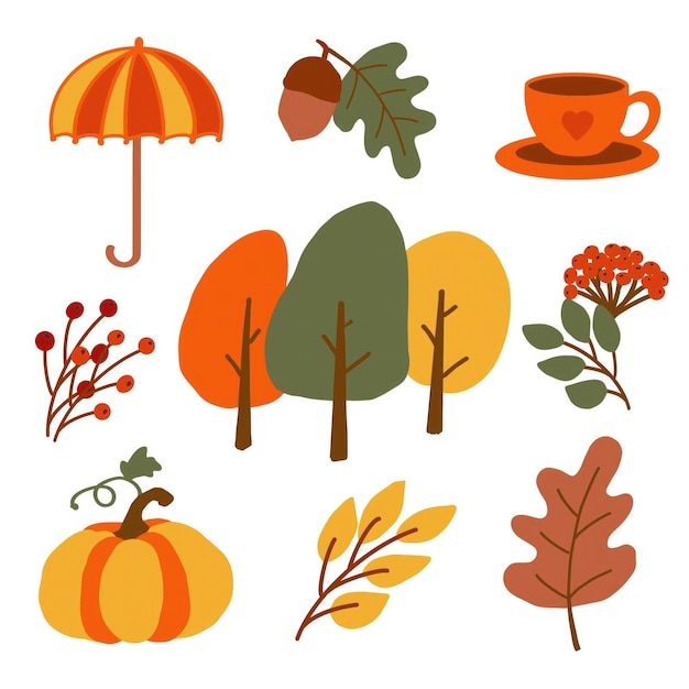 Coloridos elementos de otoño con árboles hojas de calabaza un paraguas y una taza cálida en naranja y