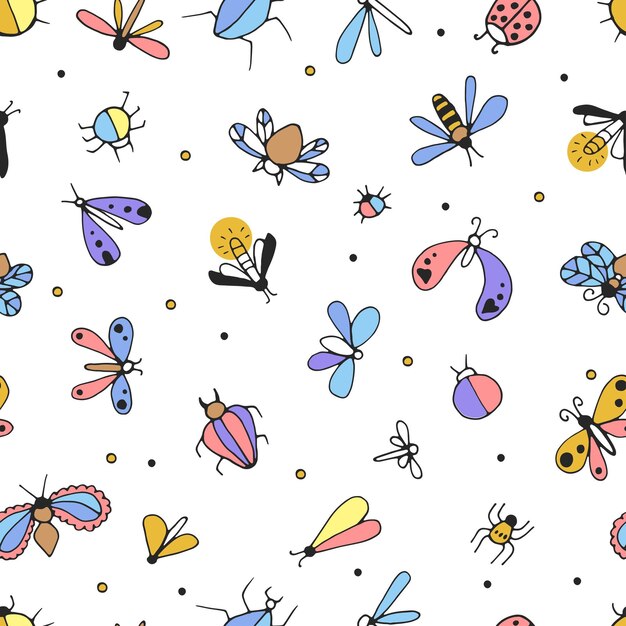 coloridos escarabajos y mariposas dibujo lineal simple contorno negro Patrón transparente de vector dibujado a mano