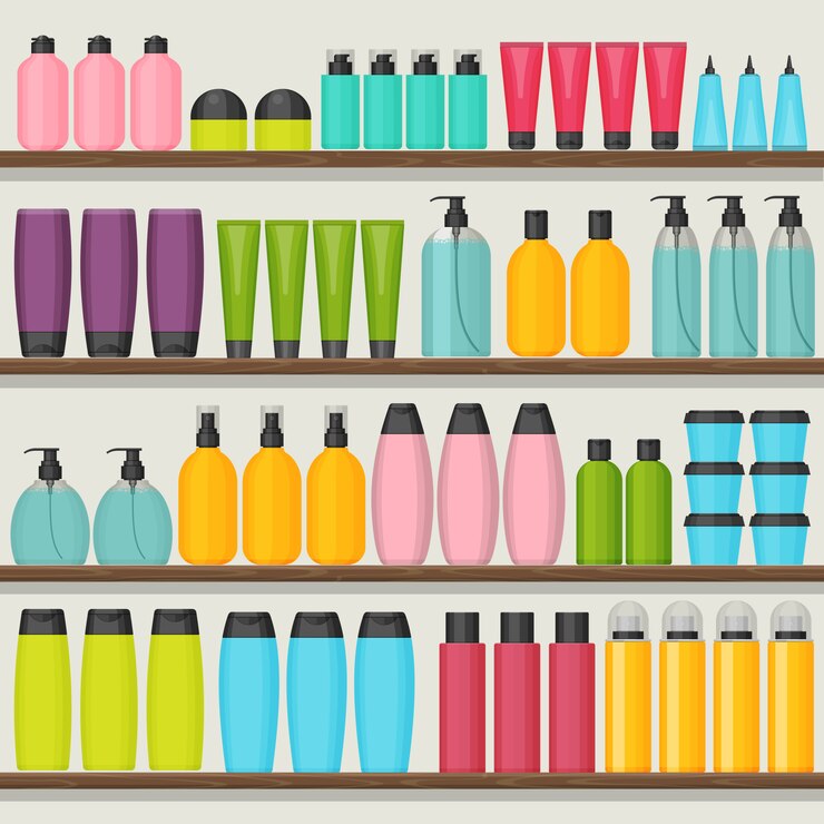 Coloridos estantes con botellas de cosméticos.