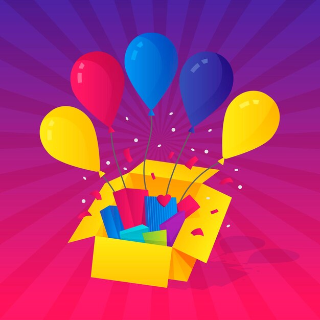 Coloridos globos de helio salen volando de la caja de regalo sobre un divertido fondo morado. Ilustración de vector.