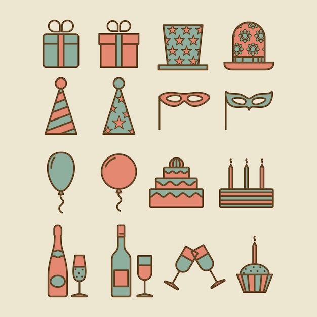 Coloridos iconos de fiesta vintage
