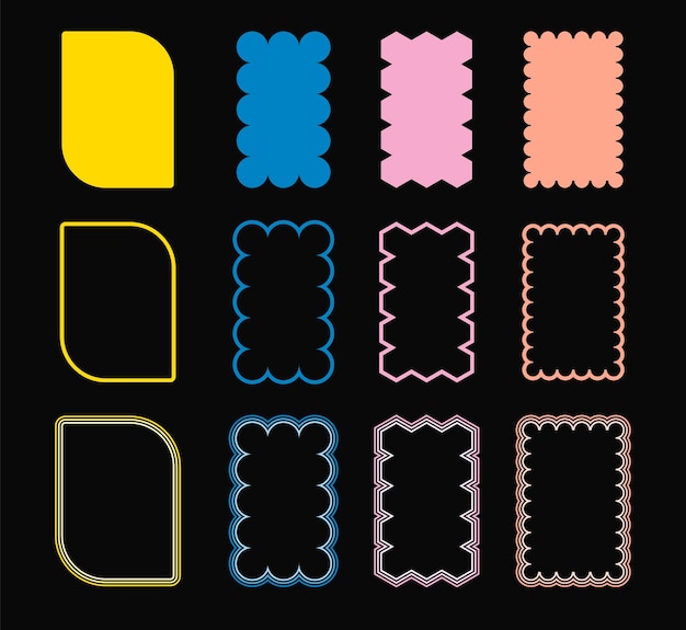 Coloridos marcos vectoriales retro groovy y boho geométricos y bordes con bordes ondulados