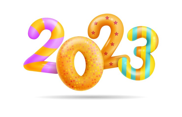 Vector coloridos números 3d del próximo año nuevo 2023 sobre fondo blanco aislado elemento de diseño para la decoración adorno al estilo de confeti brillante de caramelo de año nuevo y estrellas rojas de navidad ilustración vectorial