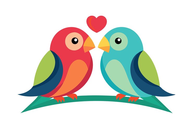 Vector coloridos pájaros de dibujos animados enamorados con corazones entre ellos en la rama
