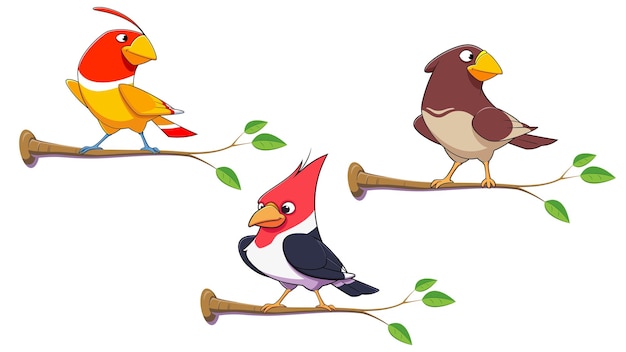 Los coloridos pájaros de dibujos animados en las ramas