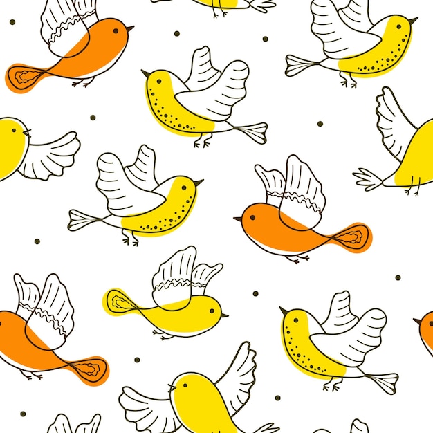 Coloridos pájaros garabateados patrón sin costuras en fondo blanco Colección de pájaros planos dibujados a mano para