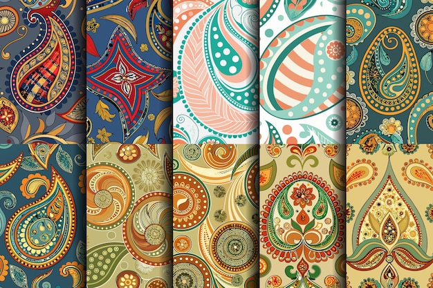 Coloridos patrones decorativos de paisley en tonos vibrantes para varios proyectos de diseño