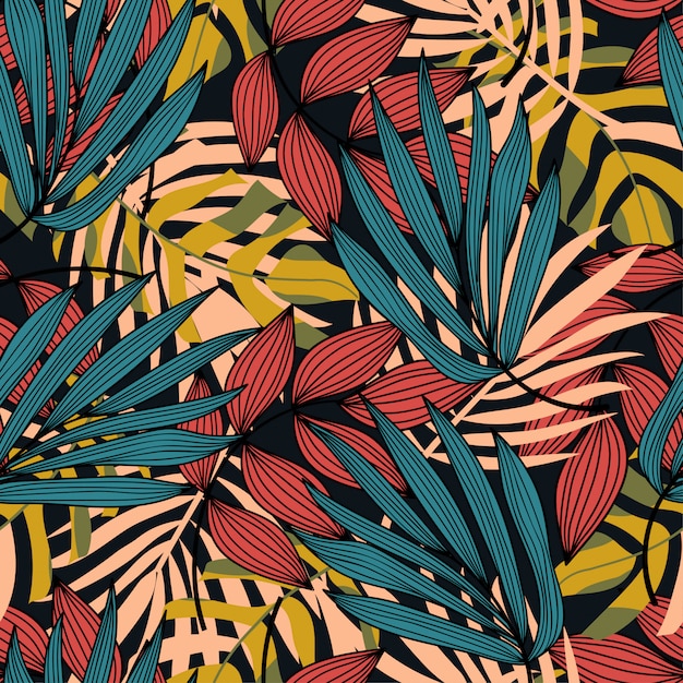 Coloridos patrones sin fisuras con coloridas plantas tropicales y hojas