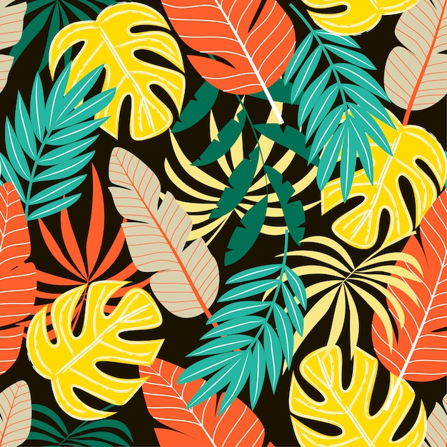 Coloridos patrones sin fisuras con plantas tropicales y hojas
