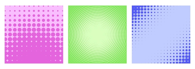 Coloridos patrones geométricos de medio tono en verde rosado y azul dispuestos en tres paneles cuadrados