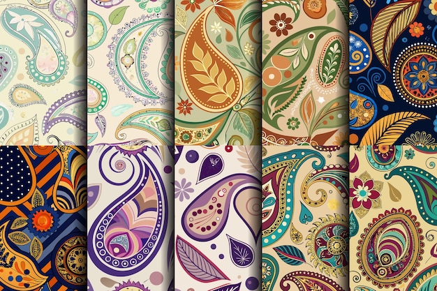 Coloridos patrones de paisley en varios diseños y colores que crean un collage vibrante