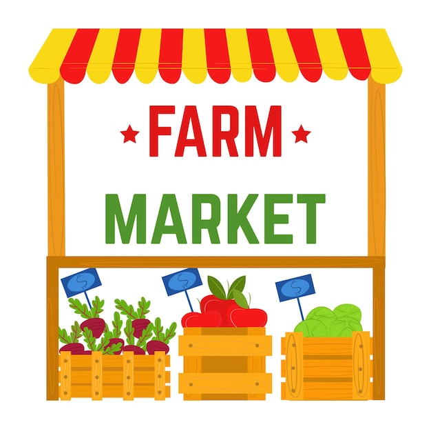 Coloridos puestos de mercado de granjas verduras frescas cajas de madera productos locales soportes remolachas tomates