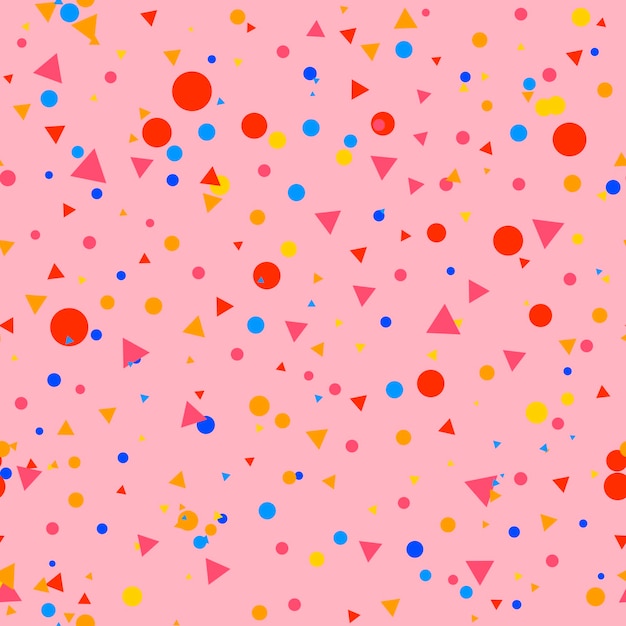 Coloridos puntos desordenados, triángulos sobre fondo rosa. Patrón festivo sin fisuras con formas redondas.