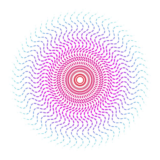 Coloridos rayos de sol arte vectorial. Diseño de líneas de remolino rizado discontinuo. Arte de mandala de luz solar. Puntos de rayos de sol.