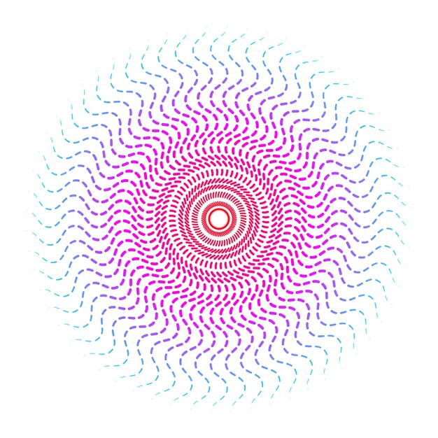 Coloridos rayos de sol arte vectorial. Diseño de líneas de remolino rizado discontinuo. Arte de mandala de luz solar. Puntos de rayos de sol.